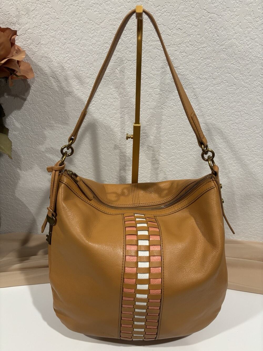 Fossil 75082 Genuine Leather Woven Shoulder Hobo Bag Tan Multicolor